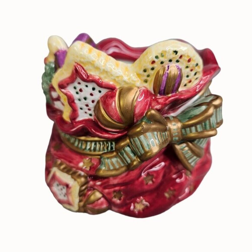 Fitz and Floyd Christmas Candle Holder With Festive Detail Toy Bag Candy Lane